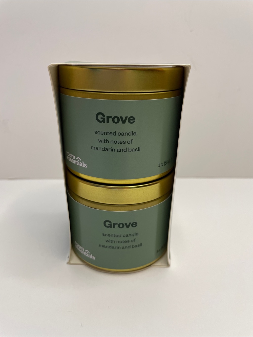 NIB pair of Room Essentials Grove Scented Candle Set.  3 oz. Each.